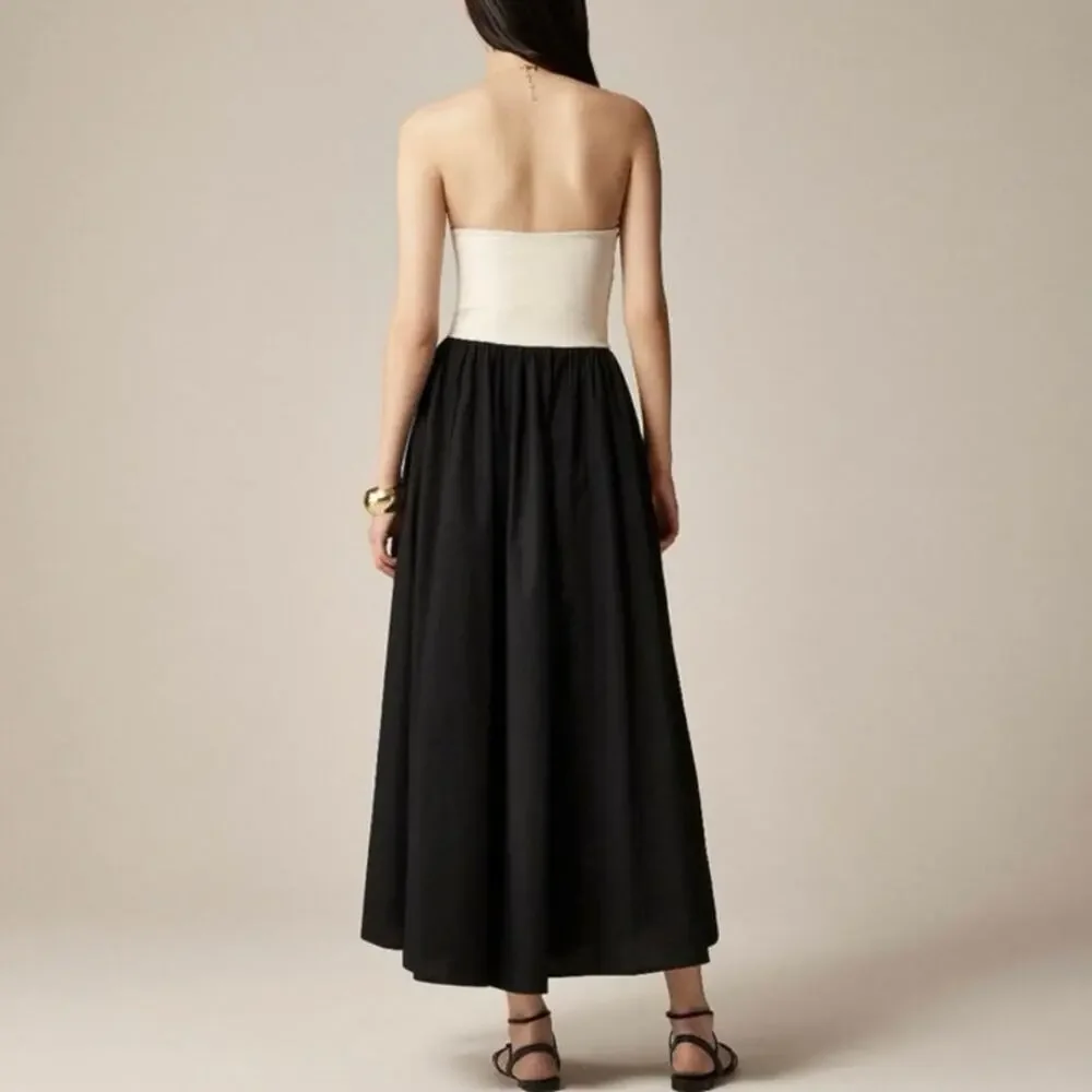 NWOT J.Crew Strapless Colorblock Stretch Mixy Midi Dress Black Cream Size XXS